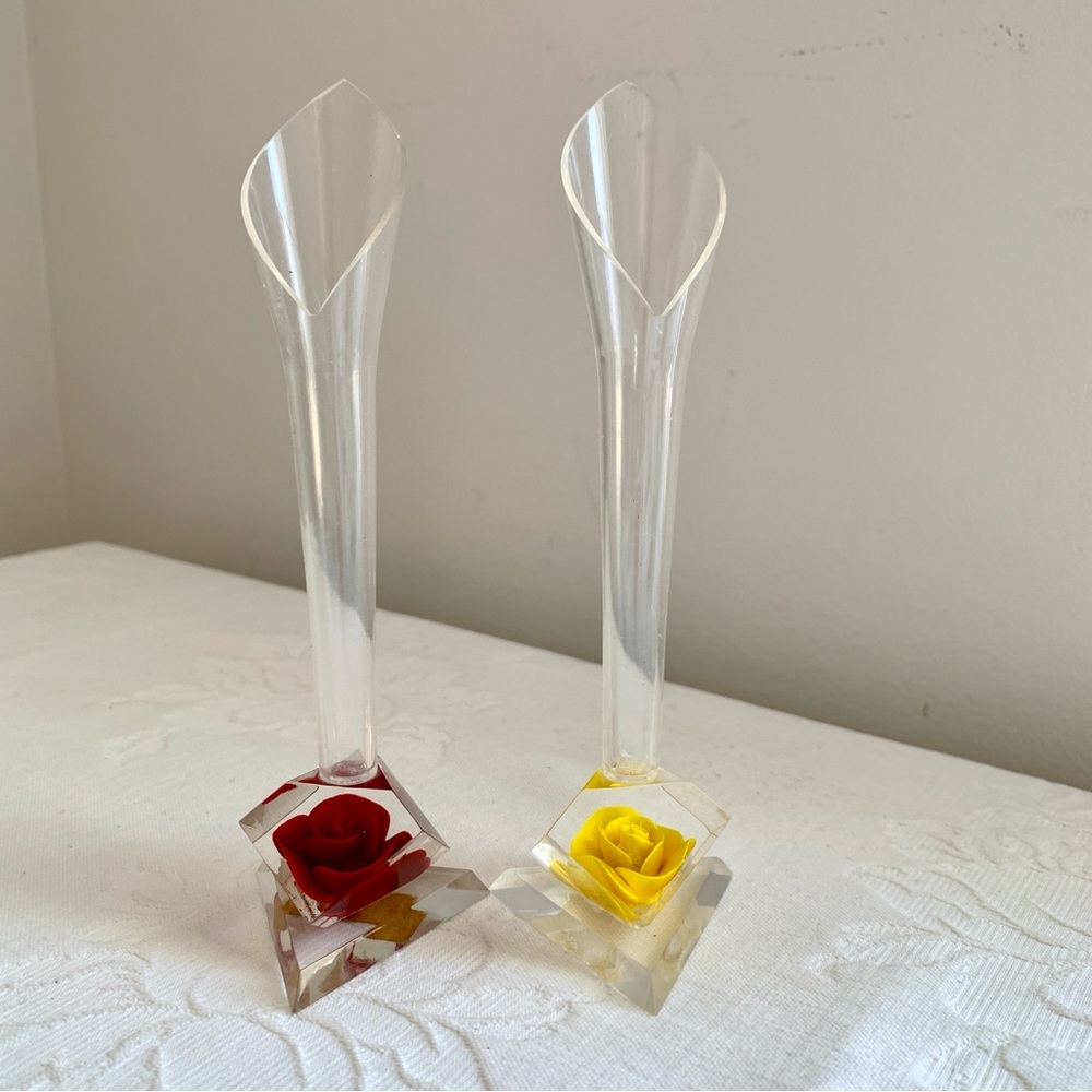 Vintage Embedded Rose Lucite Bud Vase Pair